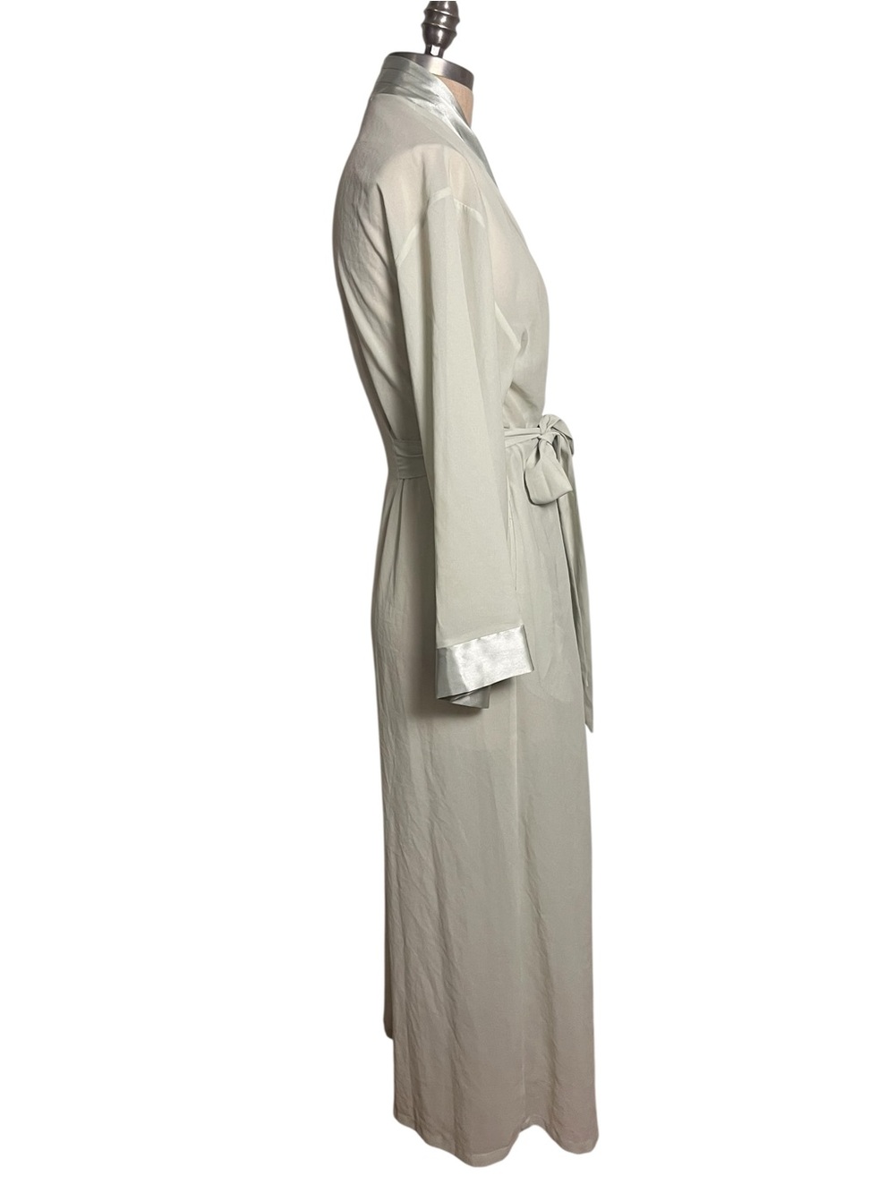 Vintage Halston Sage Green Satin Trim Wrap Robe Duster Maxi Sheer Jacket M - Picture 4 of 12